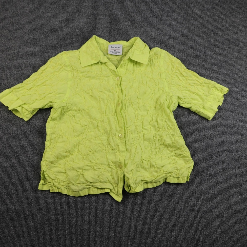 Westbound Shirt Womens Medium Lime Green Embroidered Crinkle Button Front Top